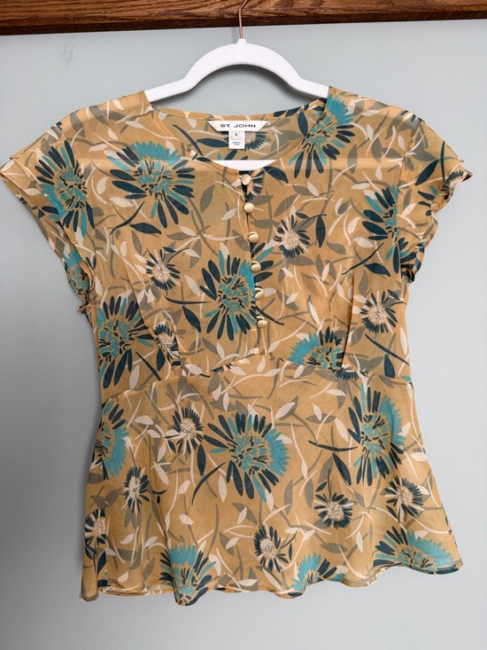 St. John Tops - St. John Silk Teal Golden Yellow Floral Collarless Cap Sleeve Sheer Blouse Top